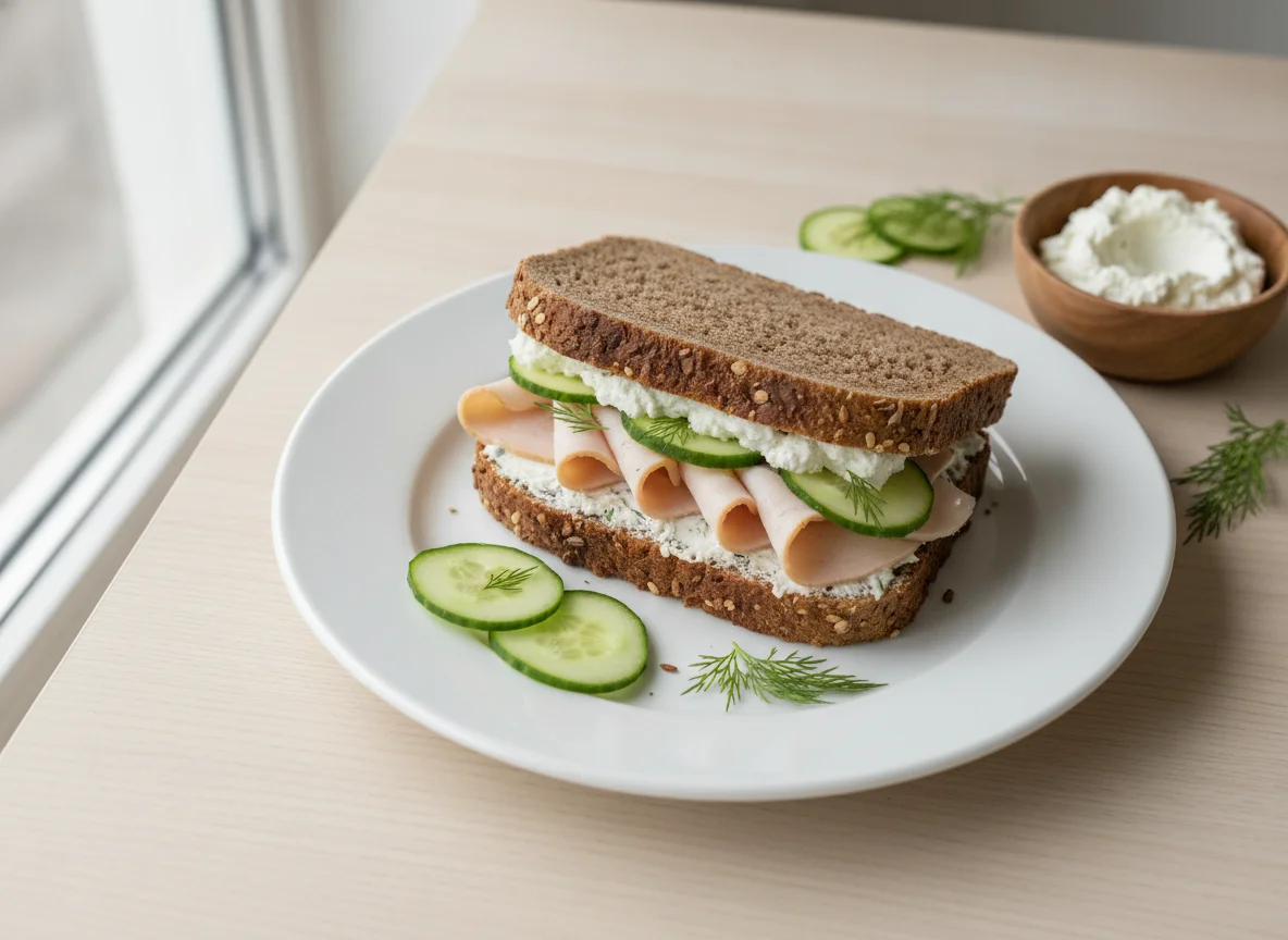 Vollkornbrot-Sandwich mit Putenbrust und Gurke photo