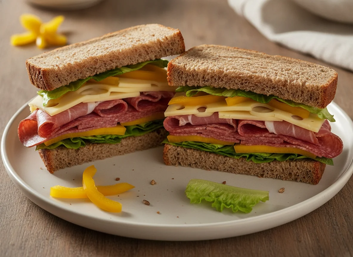 Vollkornbrot-Sandwich mit Salami, Schinken und Käse photo