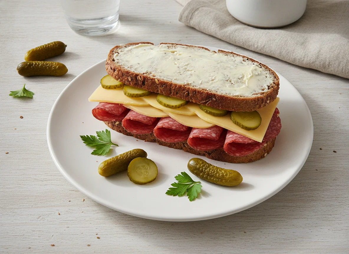 Vollkornbrot-Sandwich mit Salami und Käse photo