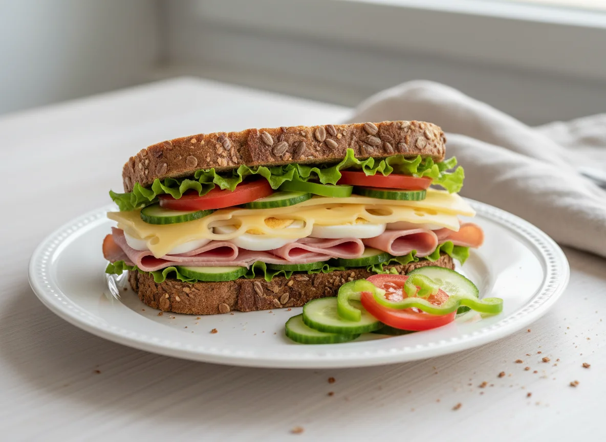 Vollkornbrot-Sandwich mit Schinken, Käse und Ei photo