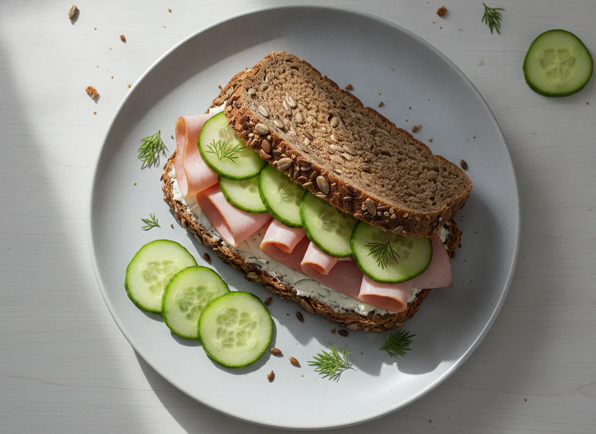 Vollkornbrot-Sandwich mit Schinken und Gurke photo