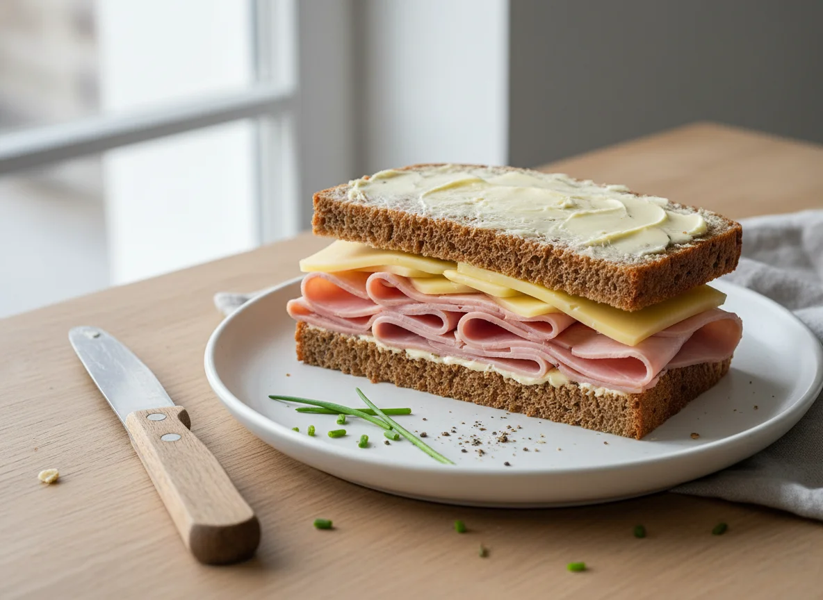 Vollkornbrot-Sandwich mit Schinken und Käse photo