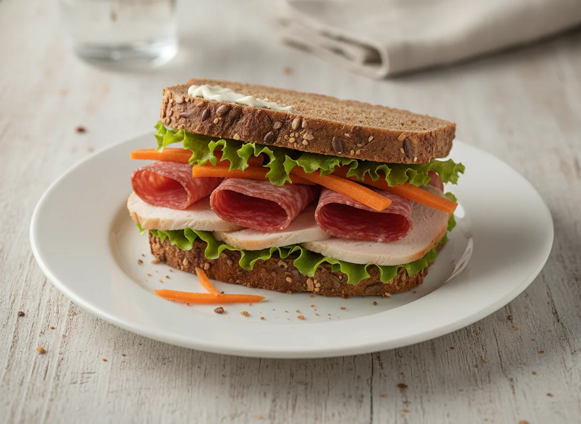 Vollkornbrot-Sandwich mit Wurst und Karotten photo