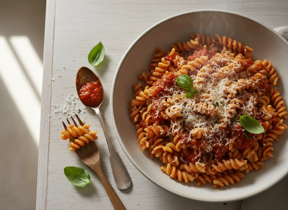 Vollkorn-Fusilli mit Tomatensauce und Käse photo