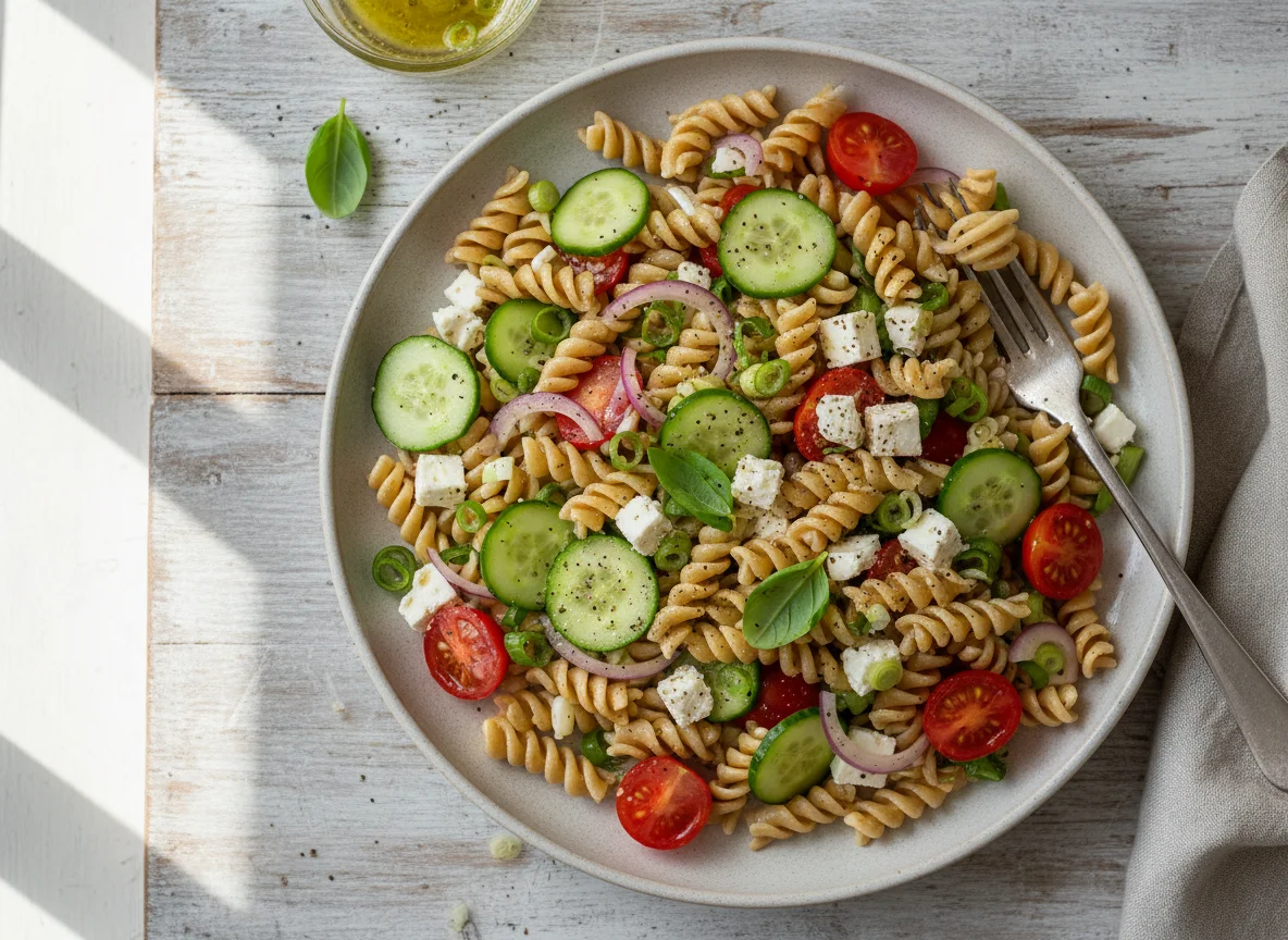 Vollkorn-Nudelsalat mit Feta und Gemüse photo