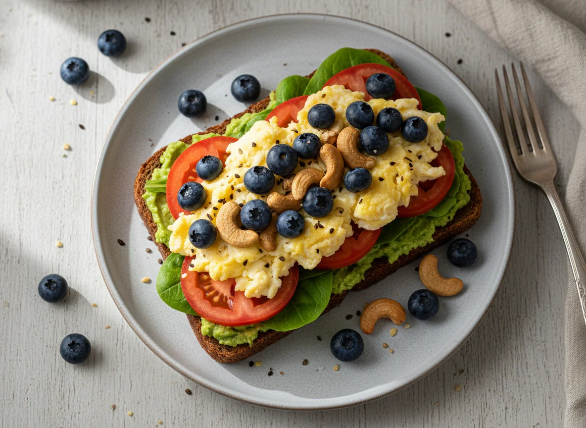 Vollkornsandwich mit Beeren und Cashews photo
