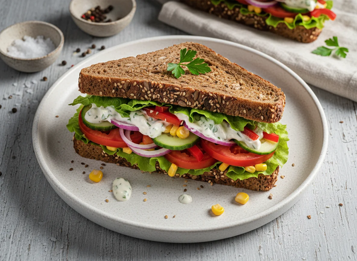 Vollkorn-Sandwich mit Gemüse und Sauce photo