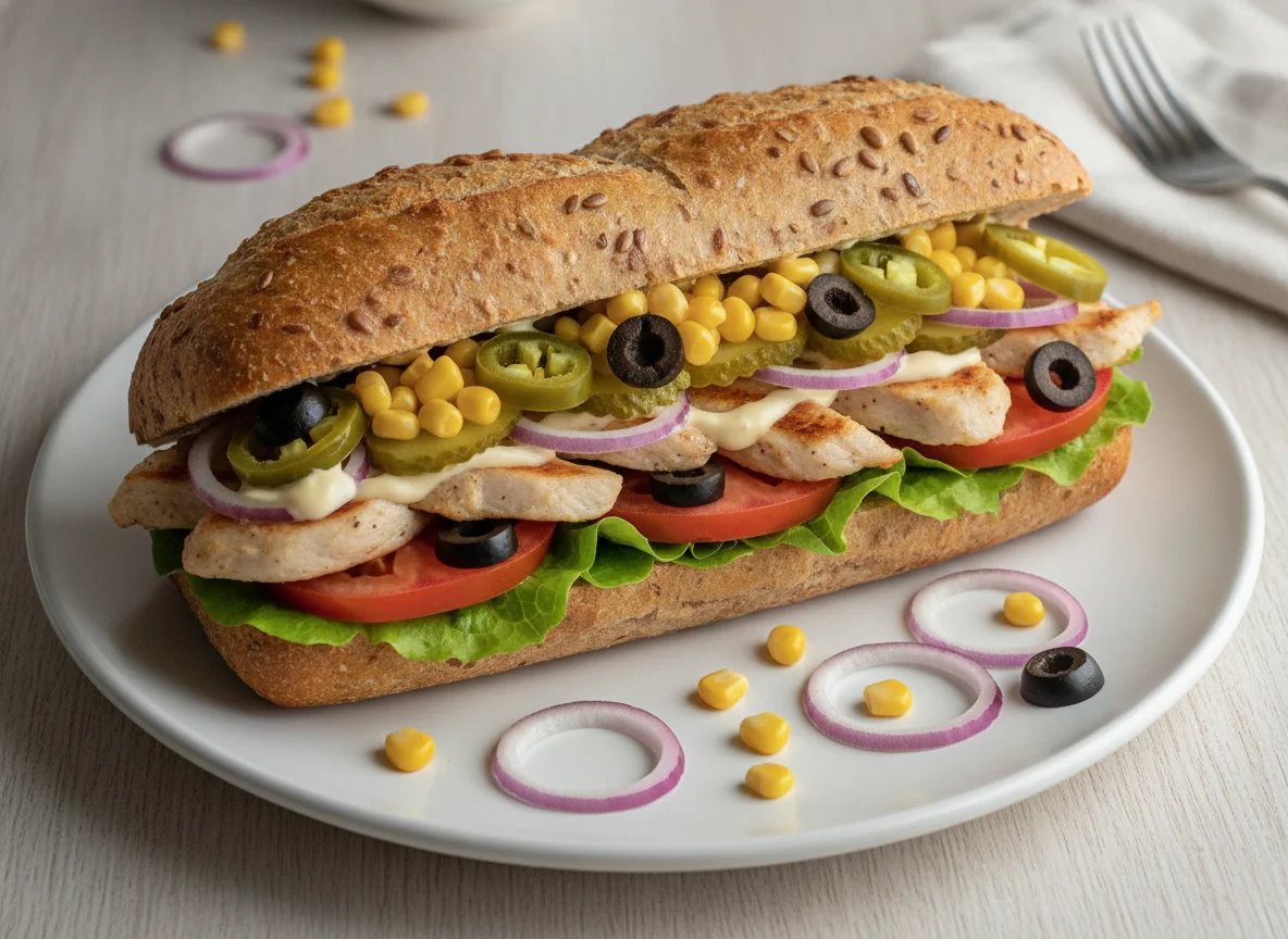 Vollkorn-Sandwich mit Hähnchen und Gemüse photo