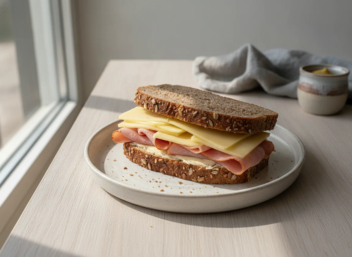 Vollkorn-Sandwich mit Käse und Schinken photo