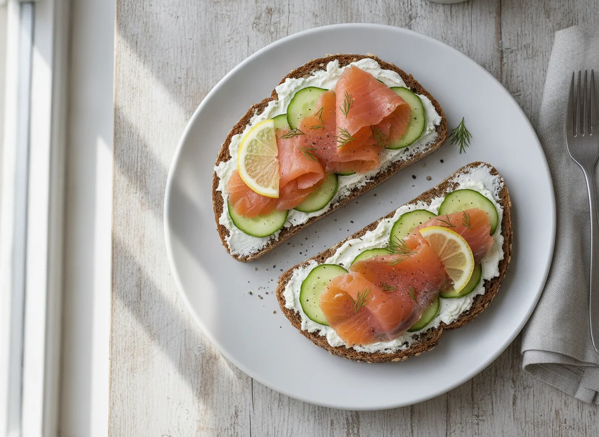 Vollkorn-Sandwich mit Lachs und Frischkäse photo