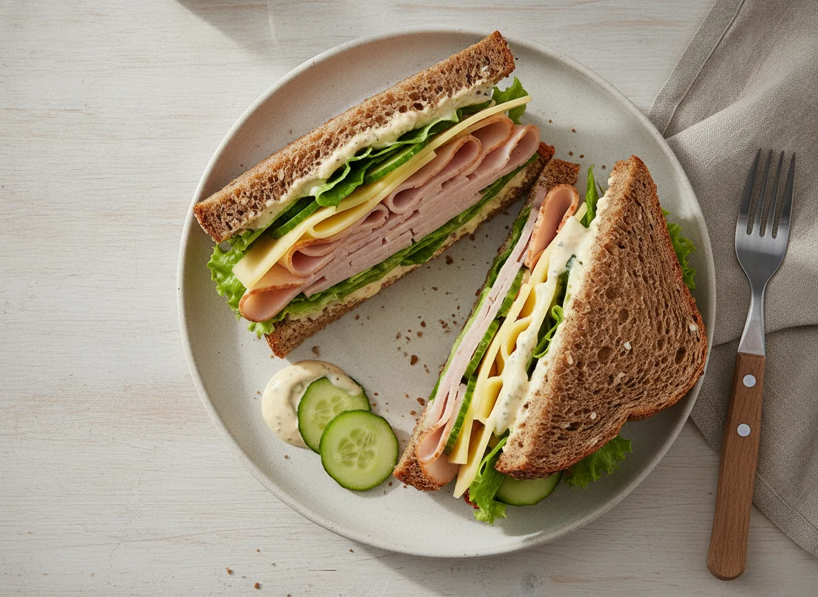 Vollkorn-Sandwich mit Putenbrust und Käse photo