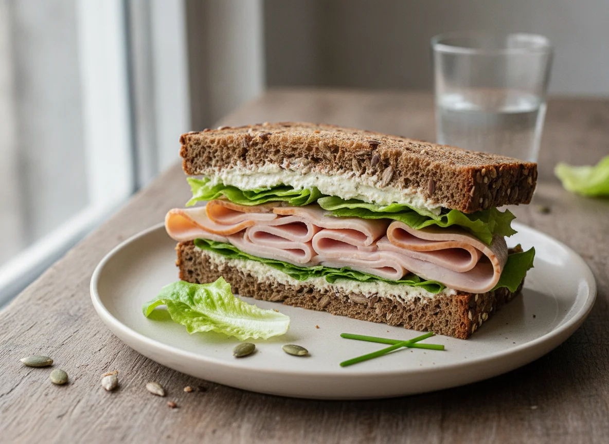 Vollkorn-Sandwich mit Putenbrust und Salat photo