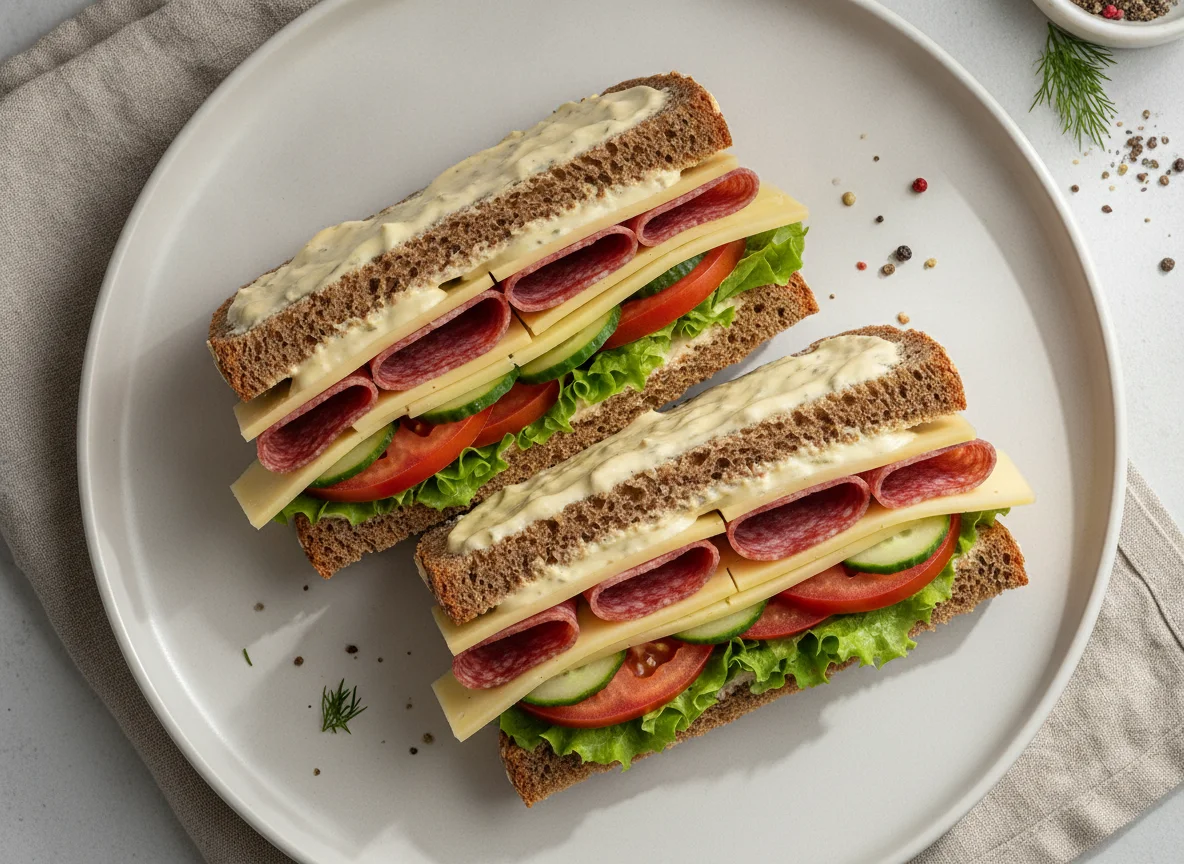 Vollkorn-Sandwich mit Salami und Käse photo