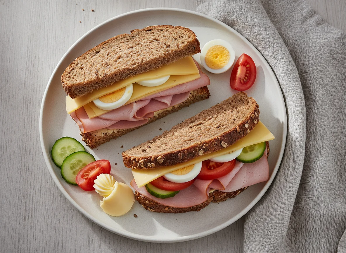 Vollkorn-Sandwich mit Schinken, Käse und Ei photo