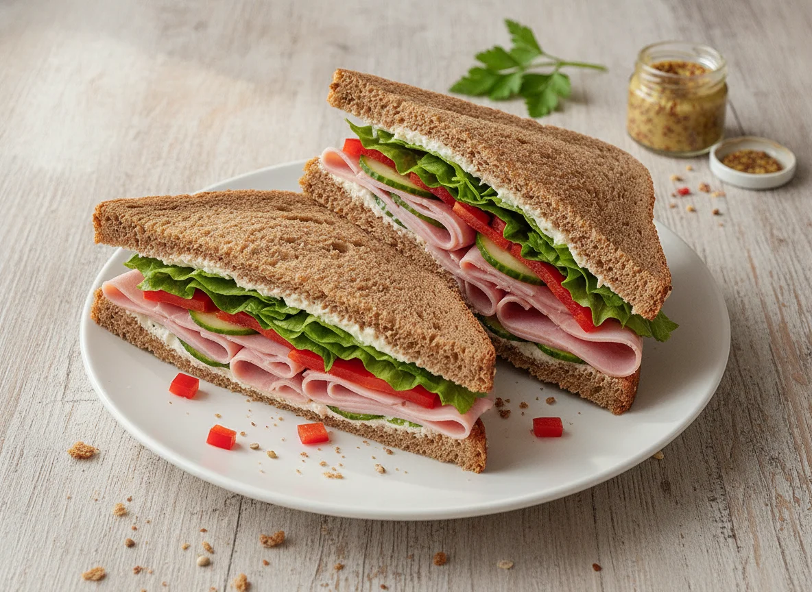 Vollkorn-Sandwich mit Schinken und Gemüse photo