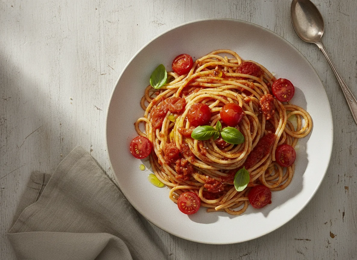 Vollkornspaghetti mit Tomatensauce photo