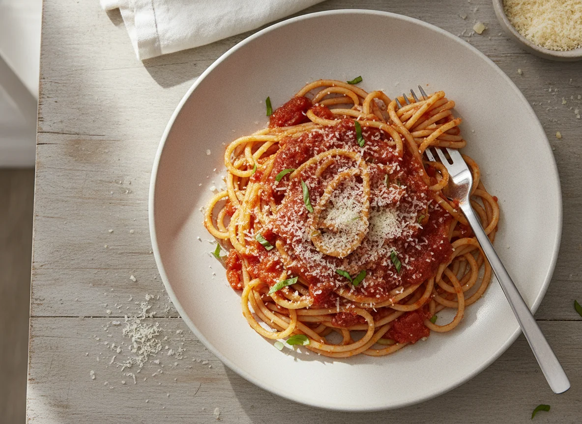 Vollkornspaghetti mit Tomatensauce und Parmesan photo