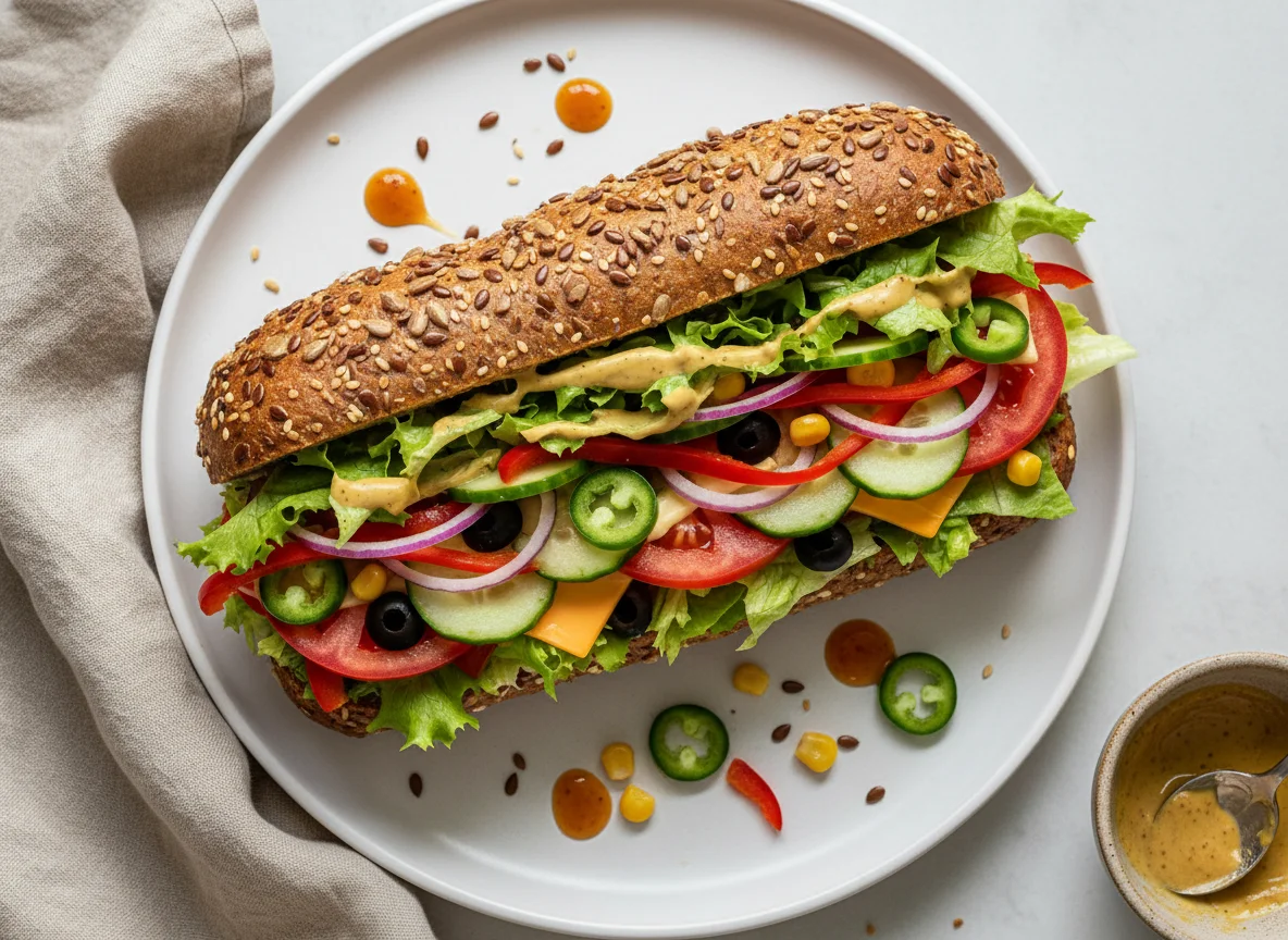 Vollkorn-Sub mit Gemüse und Saucen photo