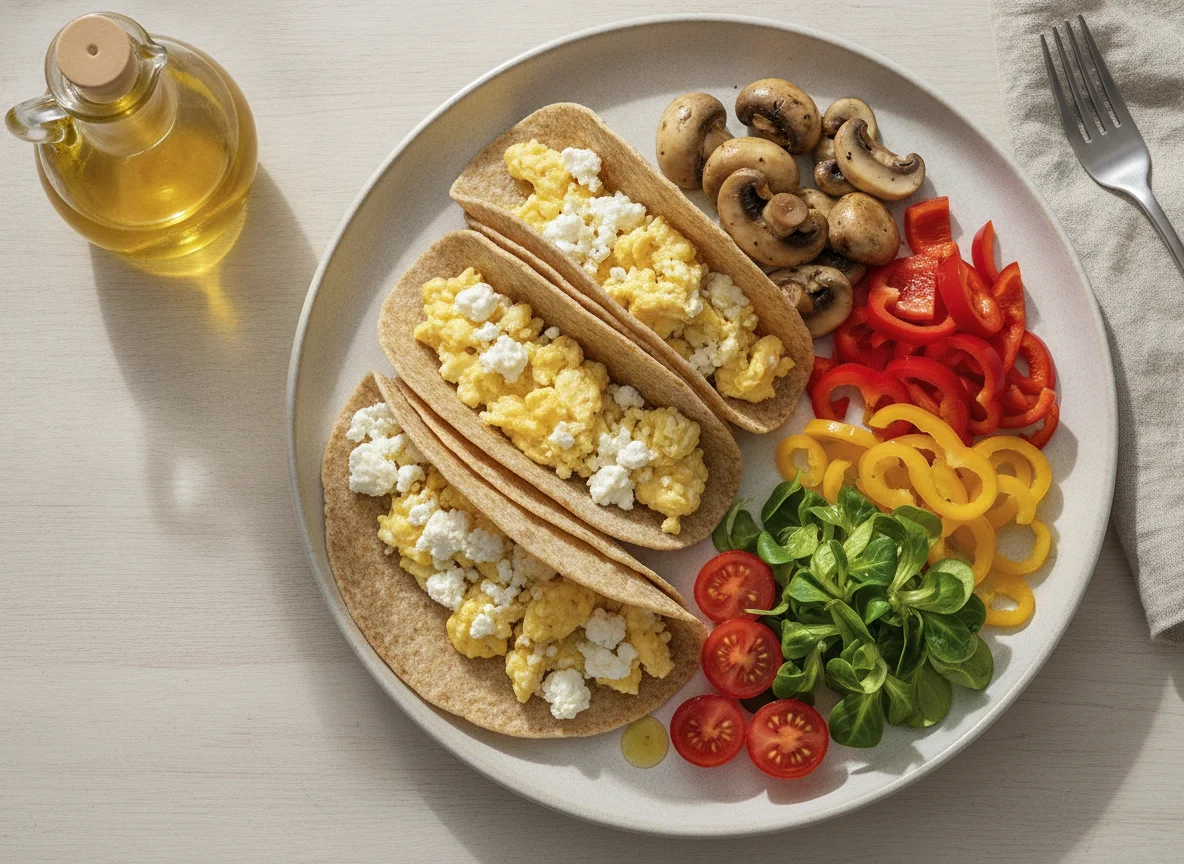 Vollkorn-Tacos mit Rührei und Gemüse photo