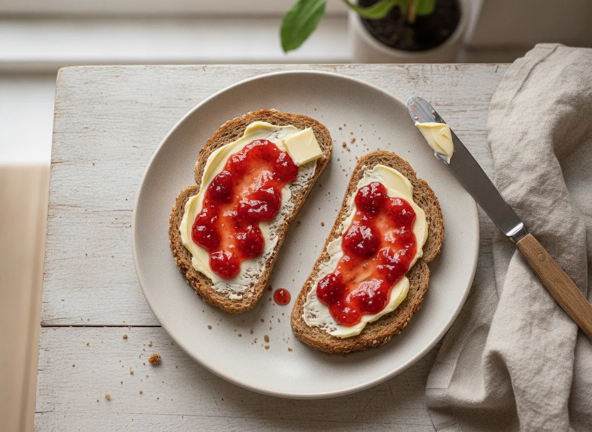 Vollkorntoast mit Butter und Erdbeerkonfitüre photo