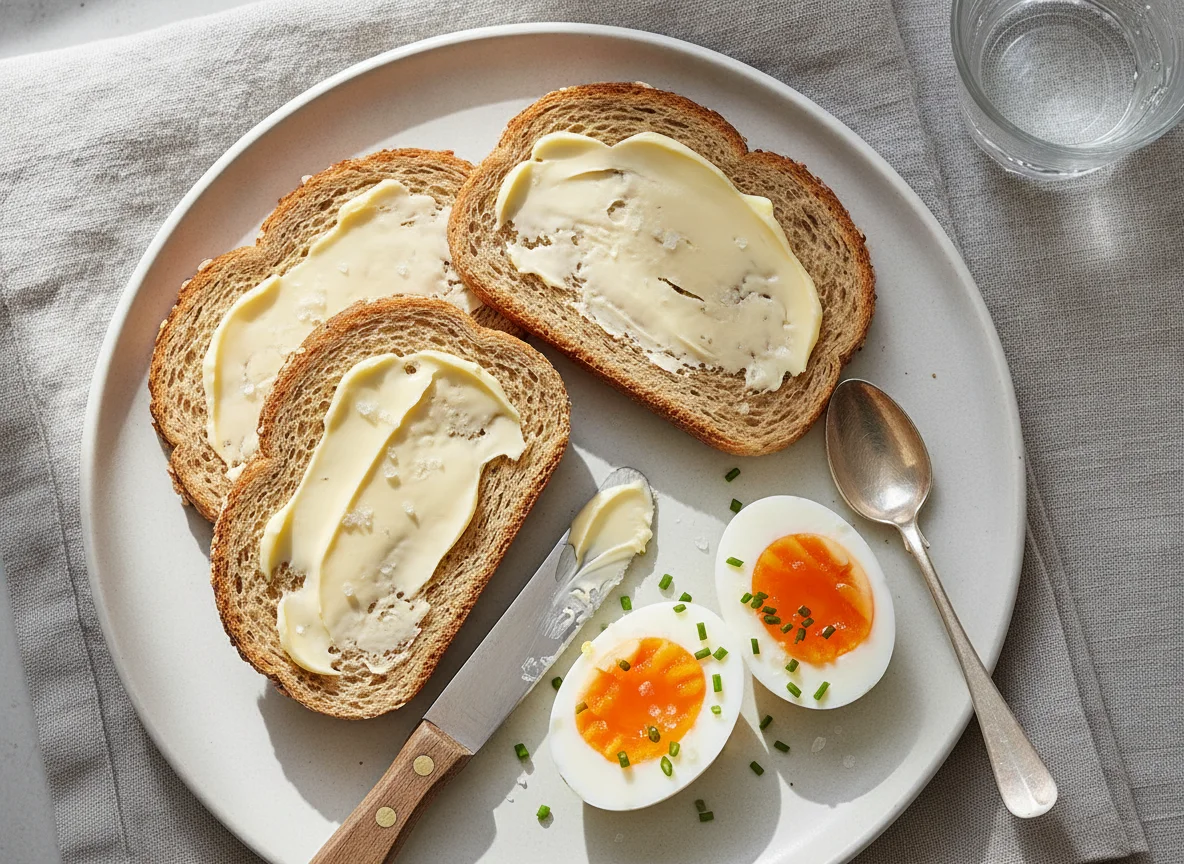 Vollkorntoast mit Butter und gekochtem Ei photo