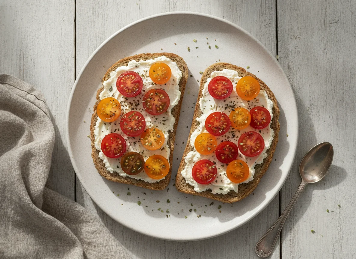 Vollkorntoast mit Frischkäse und Kirschtomaten photo