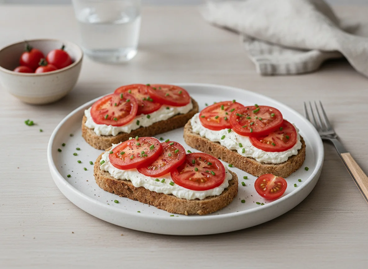 Vollkorntoast mit Frischkäse und Tomaten photo