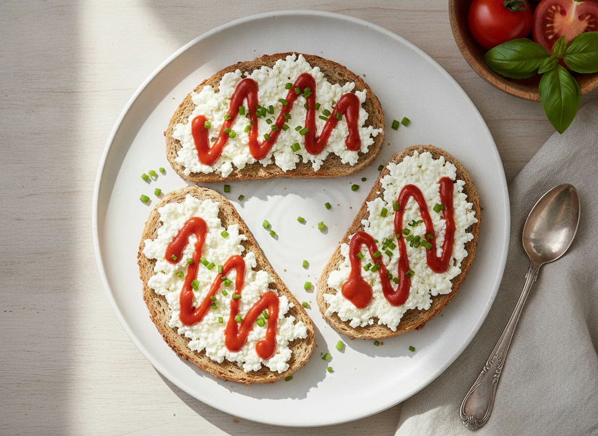 Vollkorntoast mit Hüttenkäse und Sriracha photo