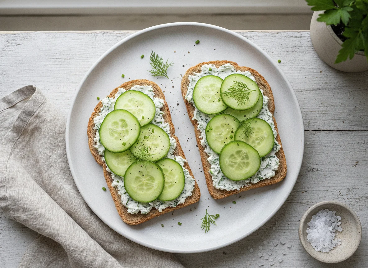 Vollkorntoast mit Kräuterfrischkäse und Gurke photo