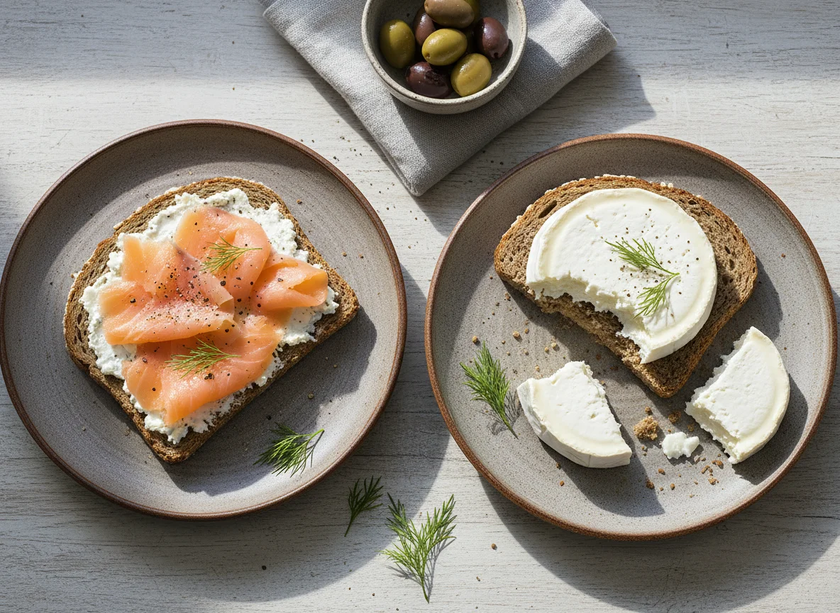Vollkorntoast mit Lachs und Frischkäse, sowie Vollkorntoast mit Ziegenkäse photo