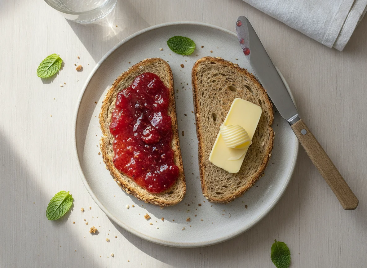 Vollkorntoast mit Marmelade und Butter photo