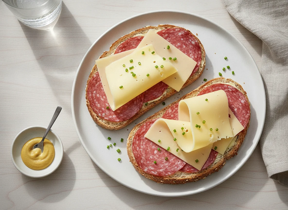Vollkorntoast mit Salami und Käse photo
