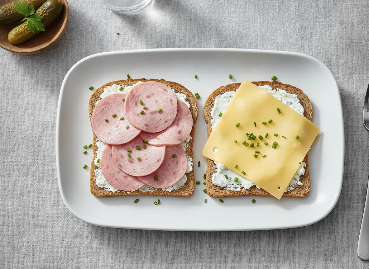 Vollkorntoast mit Wurst und Käse photo