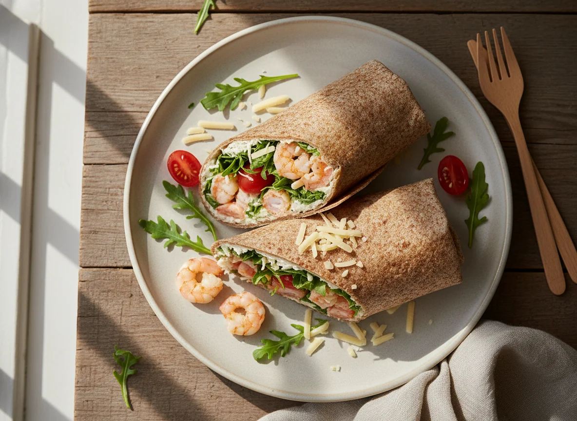 Vollkorn-Wrap mit Garnelen, Rucola und Käse photo