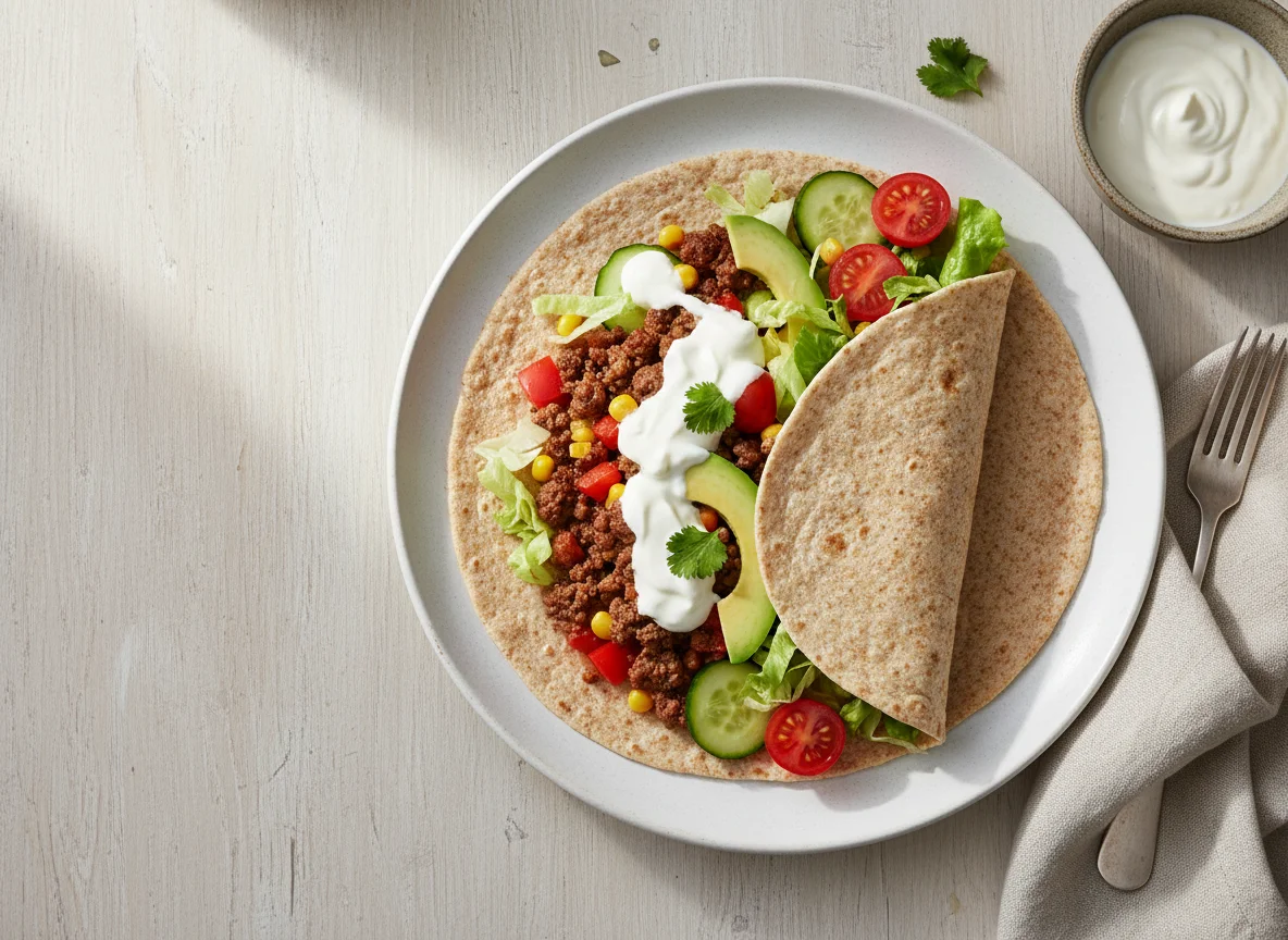 Vollkorn-Wrap mit Hackfleisch und Gemüse photo