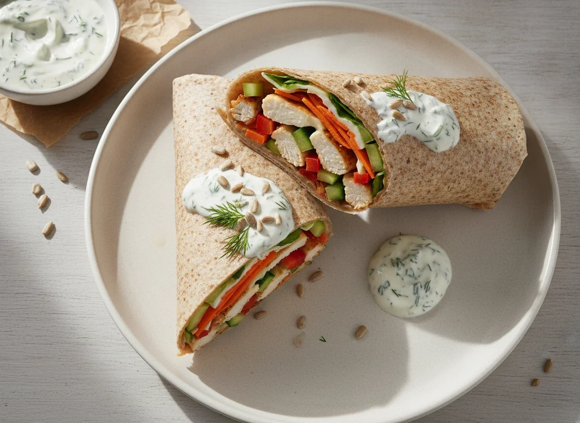 Vollkorn-Wrap mit Hähnchen, Mozzarella und Gemüse photo