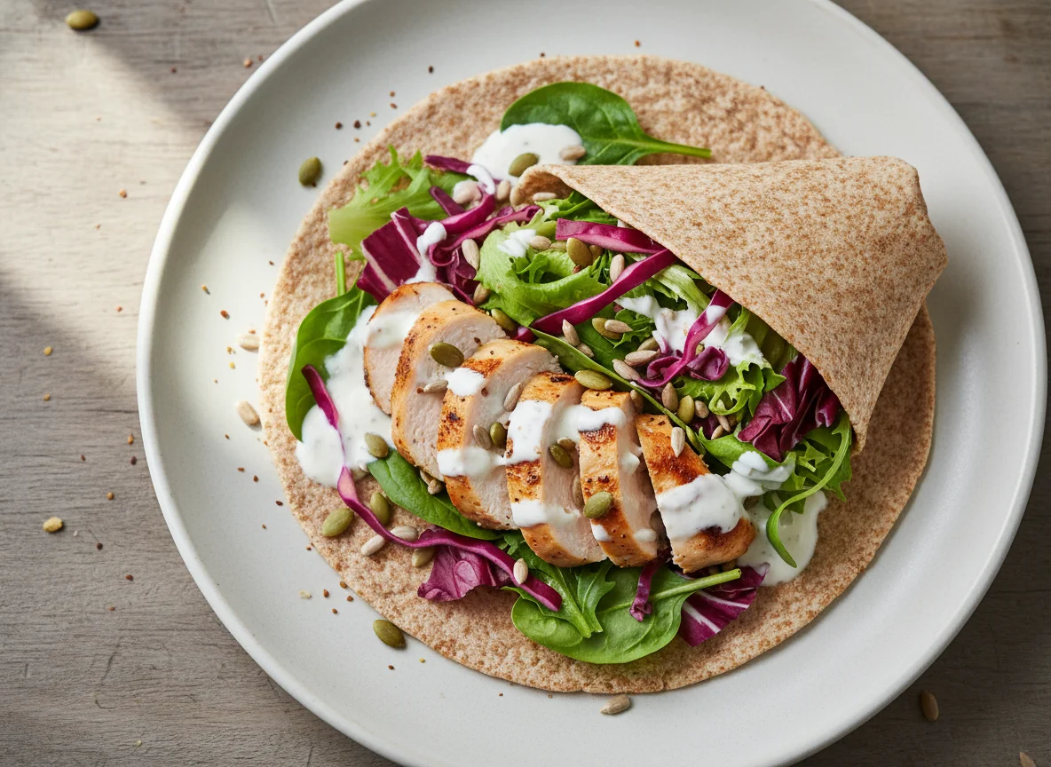 Vollkorn-Wrap mit Hähnchen und Gemüse photo