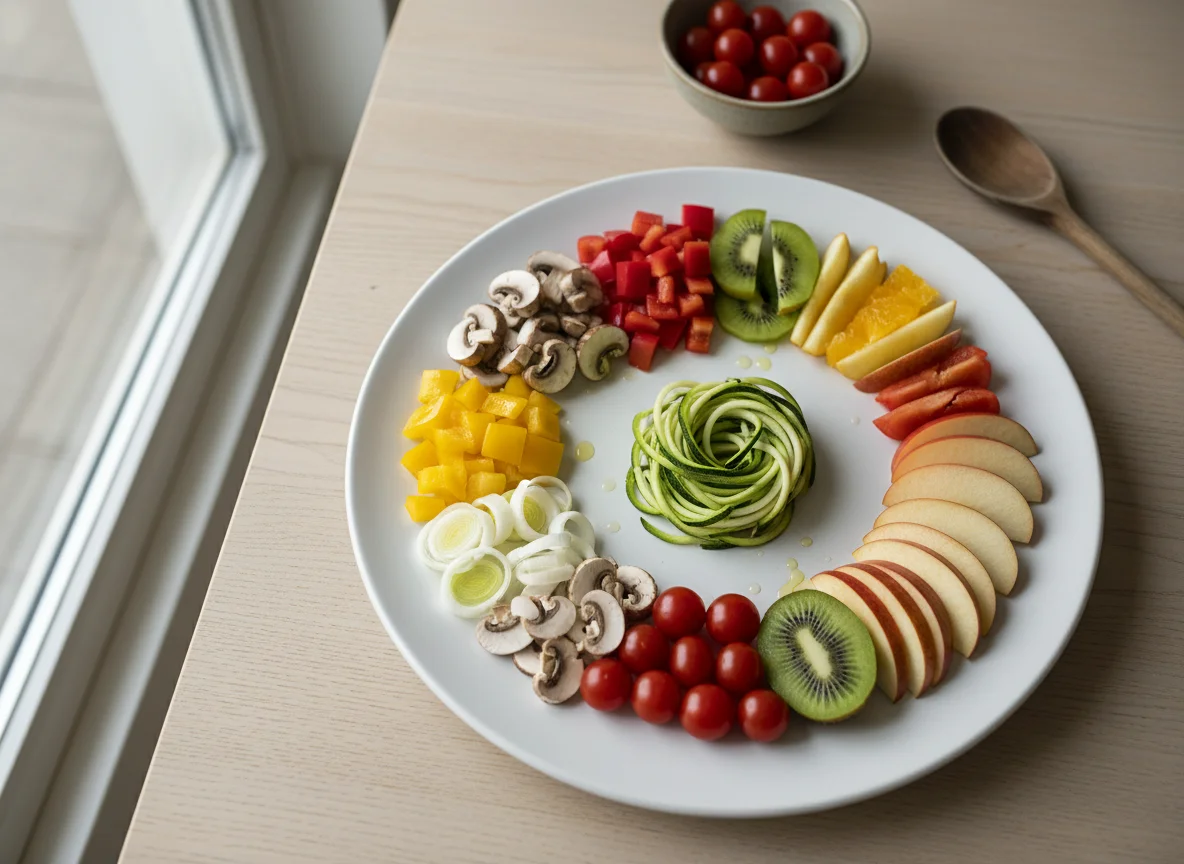 Vorbereitete Gemüsezutaten und Obst photo