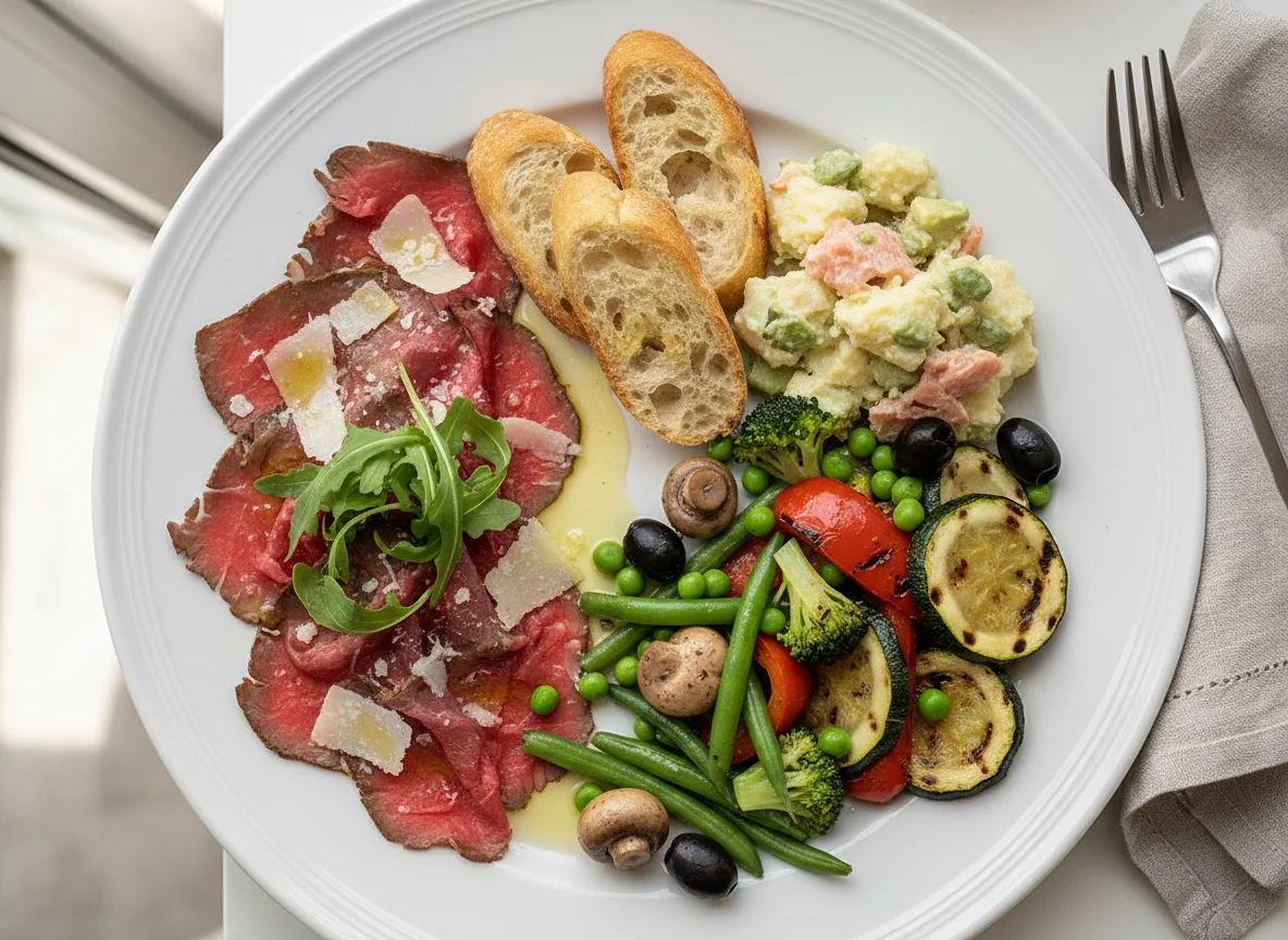 Vorspeisenteller mit Carpaccio und Gemüse photo