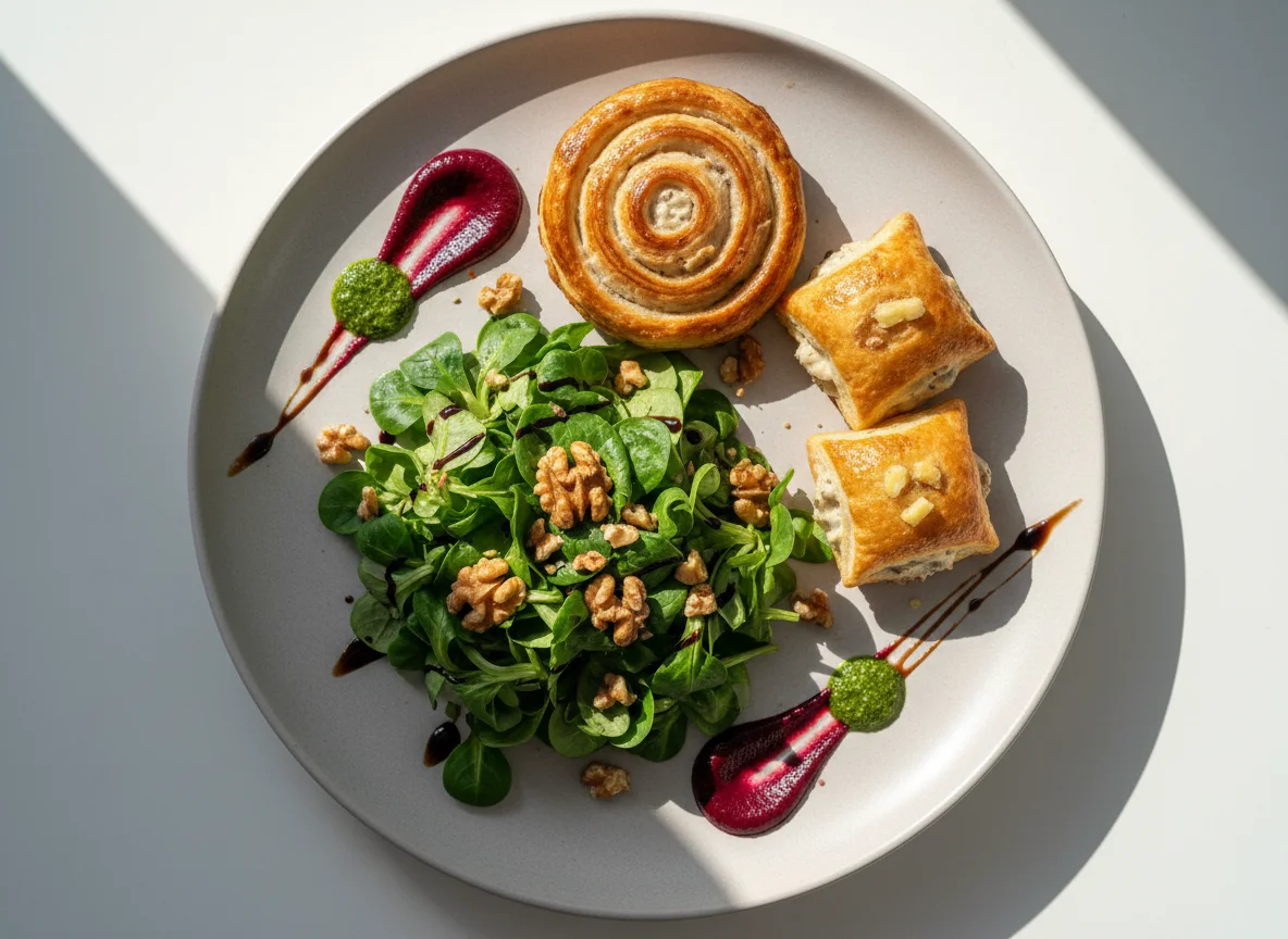 Vorspeisenteller mit Feldsalat und Gebäck photo
