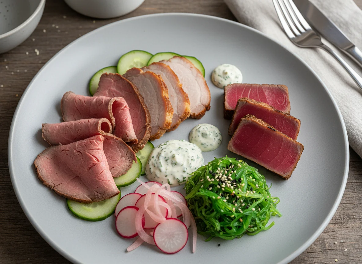 Vorspeisenteller mit Fleisch und Salat photo