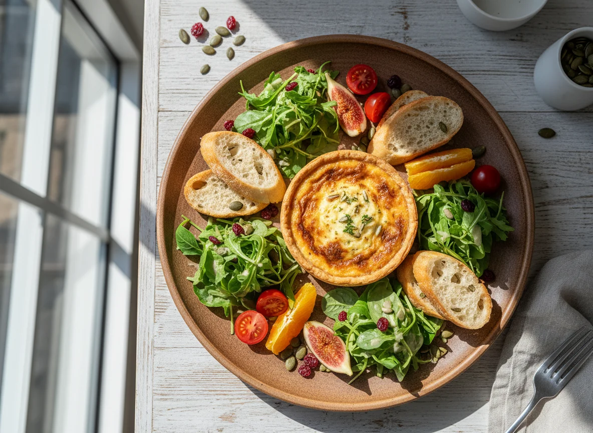 Vorspeisenteller mit Quiche und Früchten photo