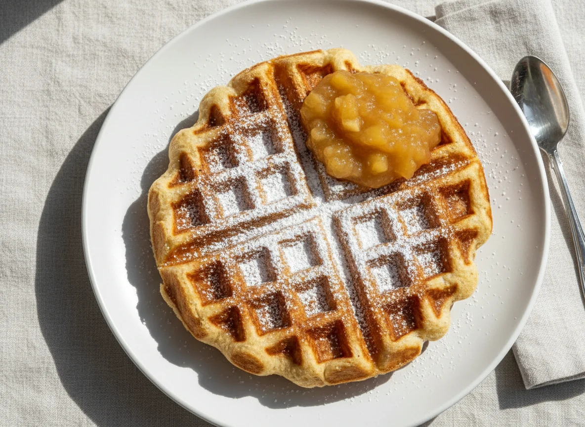 Waffel mit Apfelmus und Puderzucker photo