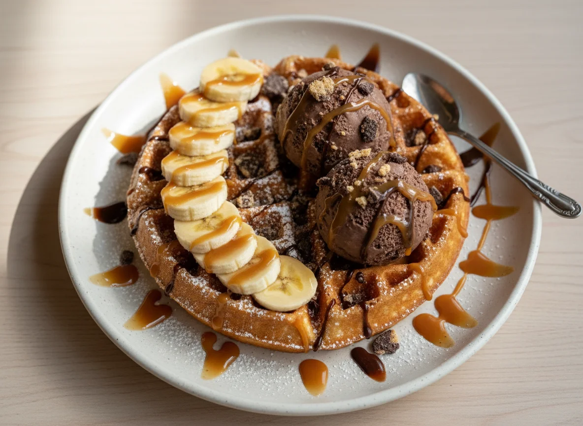 Waffel mit Banane, Karamellsauce und Eis photo