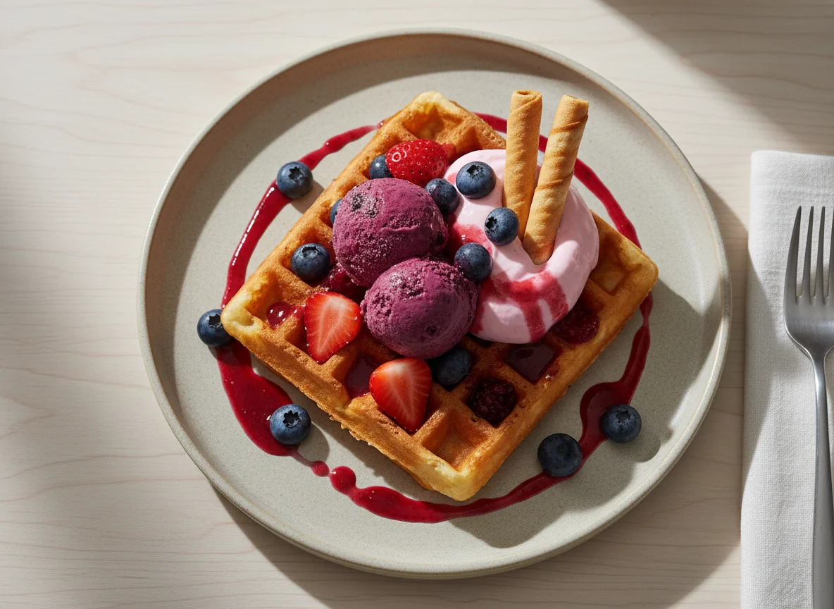 Waffel mit Beeren und Eis photo