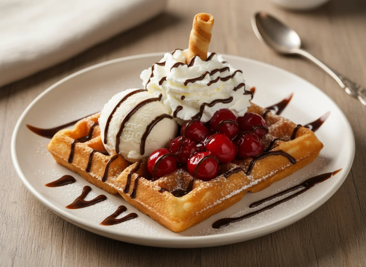 Waffel mit Früchten, Eis und Sahne photo