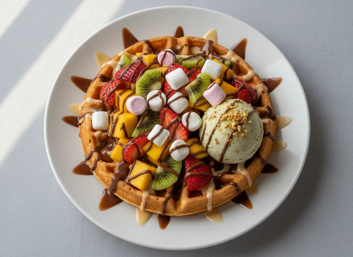 Waffel mit Früchten, Marshmallows und Eis photo
