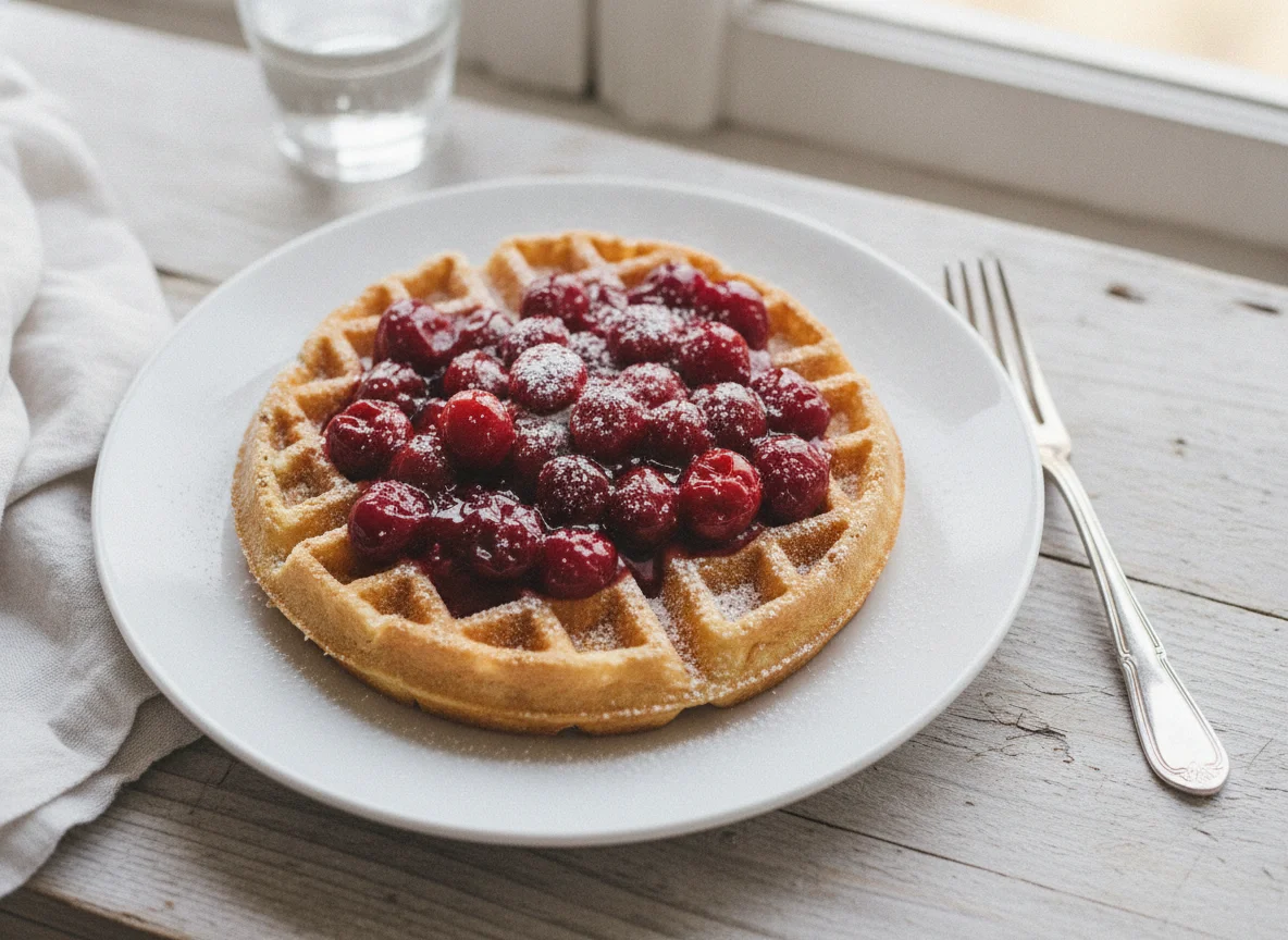 Waffel mit heißen Kirschen und Puderzucker photo