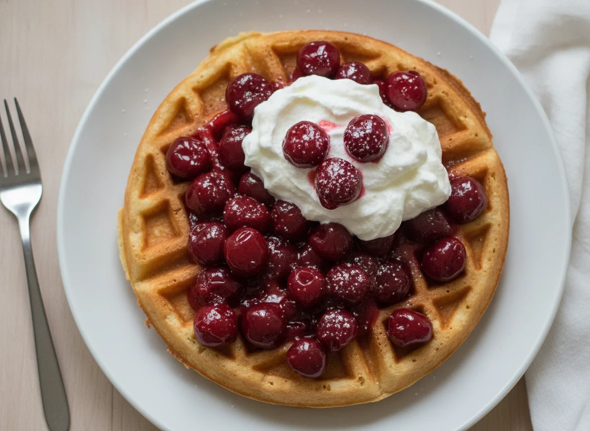 Waffel mit heißen Kirschen und Schlagsahne photo