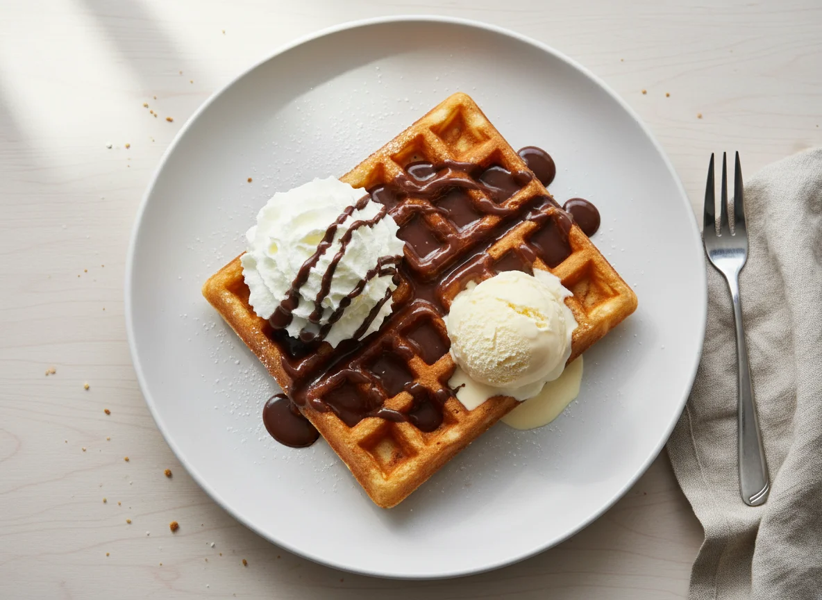 Waffel mit Schokolade, Sahne und Eis photo